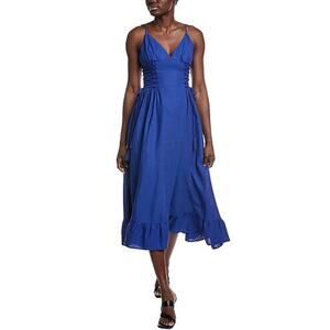 Farm Rio Blue Lace-Up Midi Dress XL NWT Tassel Boho Strappy Ruffle Adjustable